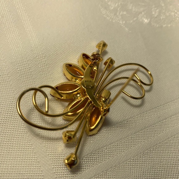 Vintage Amber Rhinestone Brooch Pin Gold Tone Large Marquise Small Square - Picture 5 of 12